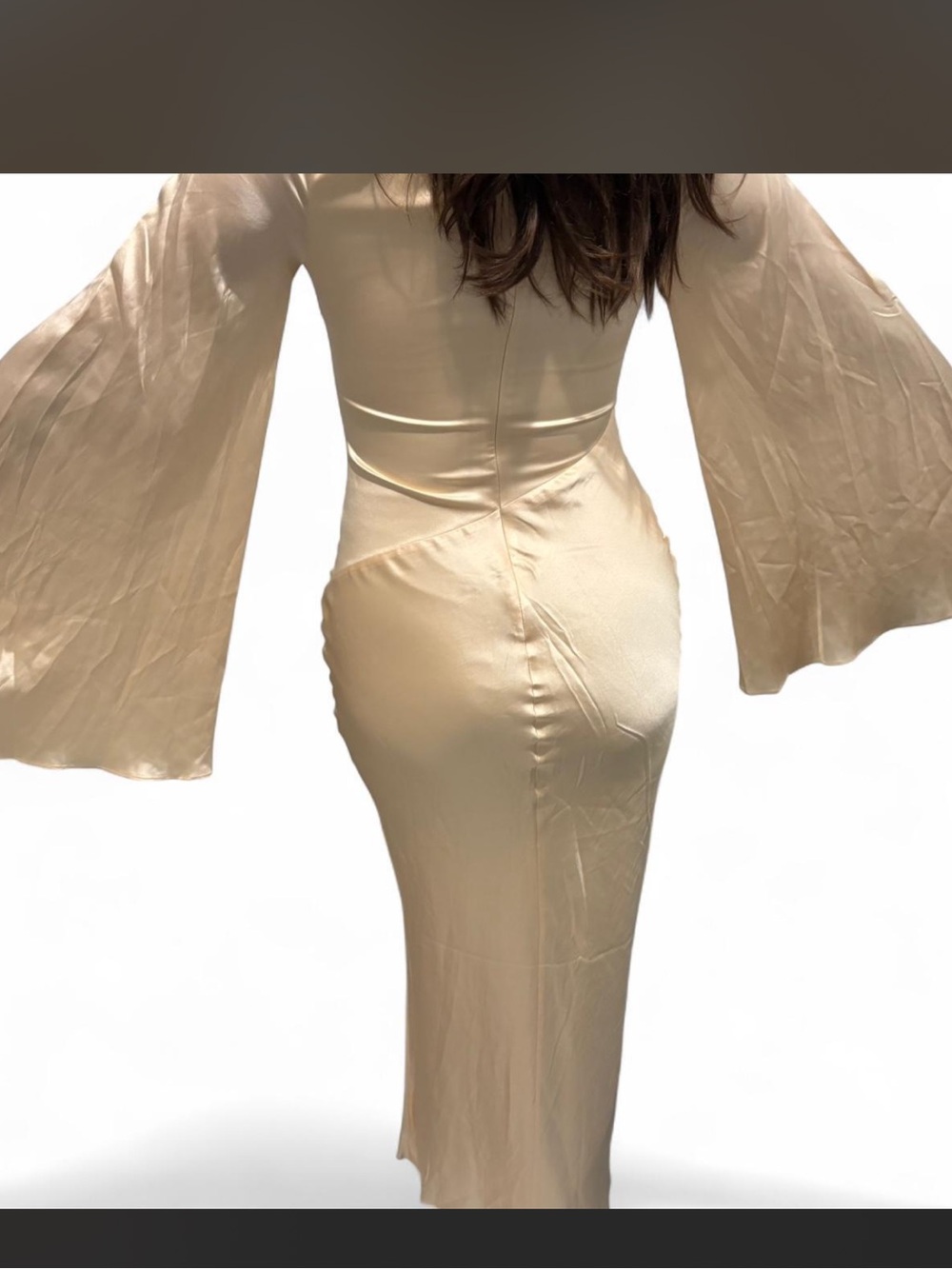 DE LA VALI Silk Cream Bell-Sleeve Maxi Wedding Dress $875 Size Small - Picture 3 of 5